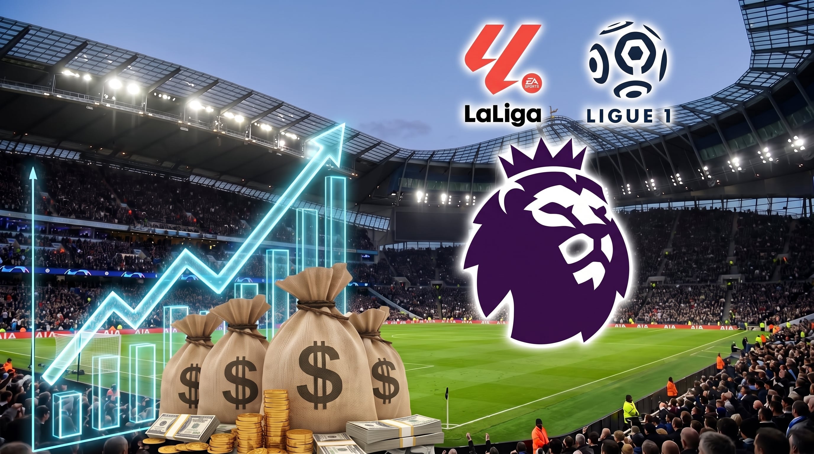 Un estadio de fútbol con gráficos financieros y sacos de dinero ilustra la ventaja económica de la Premier League sobre LaLiga y la Ligue 1 (Imagen Ilustrativa Infobae)