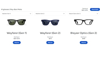 Tres pares de gafas inteligentes Ray-Ban Meta: Wayfarer Gen 1, Wayfarer Gen 2 y Blayzer Optics Gen 2, con sus precios en una página web