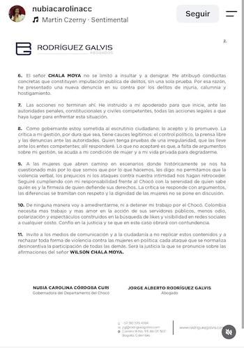 La gobernadora del Chocó afirmó que un segundo video incluyó ataques a su vida privada - crédito @nubiacarolinacc/Instagram