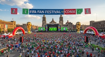 Vista panorámica del FIFA Fan Festival en el Zócalo de CDMX, mostrando una gran multitud, pantallas gigantes de fútbol, trofeos dorados y edificios históricos.
