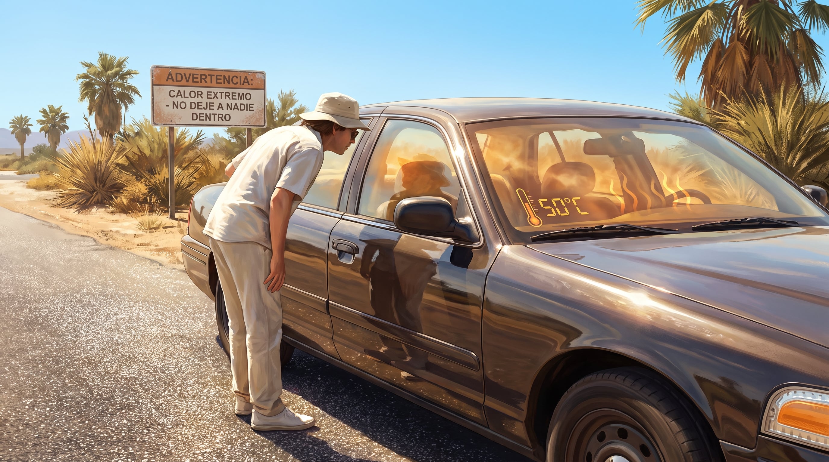 Un hombre observa el interior de un vehículo estacionado bajo el sol en El Salvador, donde un termómetro marca 50 grados Celsius y una señal advierte sobre el calor extremo. (Imagen Ilustrativa Infobae)