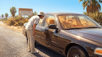 Un hombre con sombrero mira el interior de un automóvil oscuro estacionado al sol. En el parabrisas hay un termómetro con 50°C y un letrero de advertencia. Palmeras.