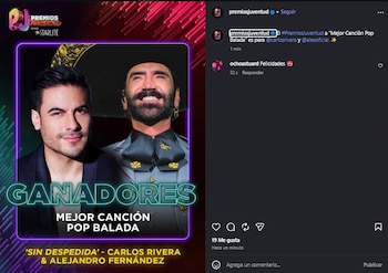 Carlos Rivera y Alejandro Fernández ganaron la estatuilla por su tema “Sin Despedida”.