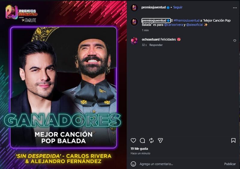 Carlos Rivera y Alejandro Fernández ganaron la estatuilla por su tema “Sin Despedida”.
