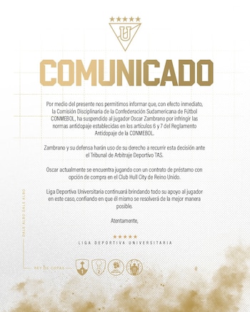 Liga de Quito confirmó la sanción de Óscar Zambrano - crédito @LDU_Oficial/X