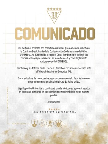 Liga de Quito confirmó la sanción de Óscar Zambrano - crédito @LDU_Oficial/X