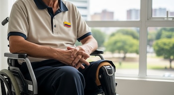 Primer plano de un hombre sentado en una silla de ruedas con una prótesis en su pierna derecha y un pin de la bandera de Colombia en su camisa.