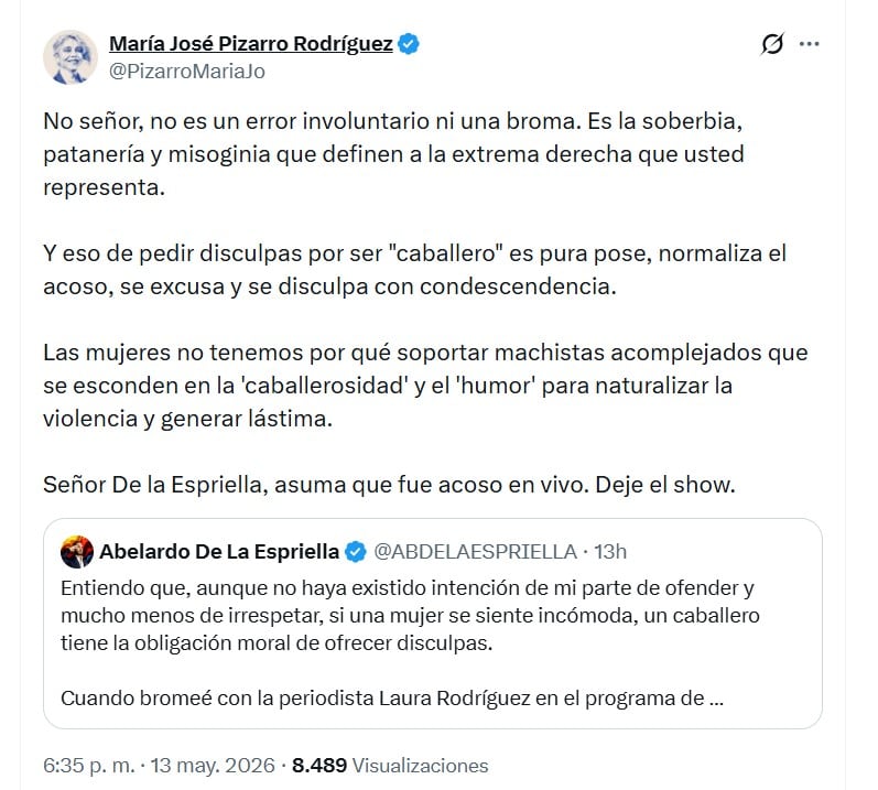 María José Pizarro cuestionó la explicación de Abelardo de la Espriella y rechazó la disculpa, al afirmar que no consideraba creíble su versión de los hechos - crédito @PizarroMariaJo/X