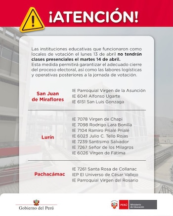 Infografía del Ministerio de Educación del Perú en rojo y blanco con un símbolo de atención. Detalla la suspensión de clases en 13 colegios el 14 de abril