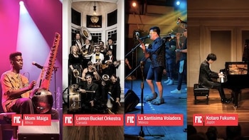 Cuatro paneles muestran a Momi Maiga tocando kora, Lemon Bucket Orkestra con metales, La Santísima Voladora con guitarra, y Kotaro Fukuma tocando piano
