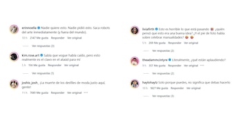 Seis comentarios de una red social con fotos de perfil, nombres de usuario y textos en español con menciones a robots y a la revista Vogue