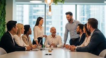 Grupo diverso de hombres y mujeres conversando alrededor de una mesa de conferencias blanca en una oficina moderna y luminosa. Hay ventanas con vista a la ciudad al fondo y una pared verde a la izquierda.
