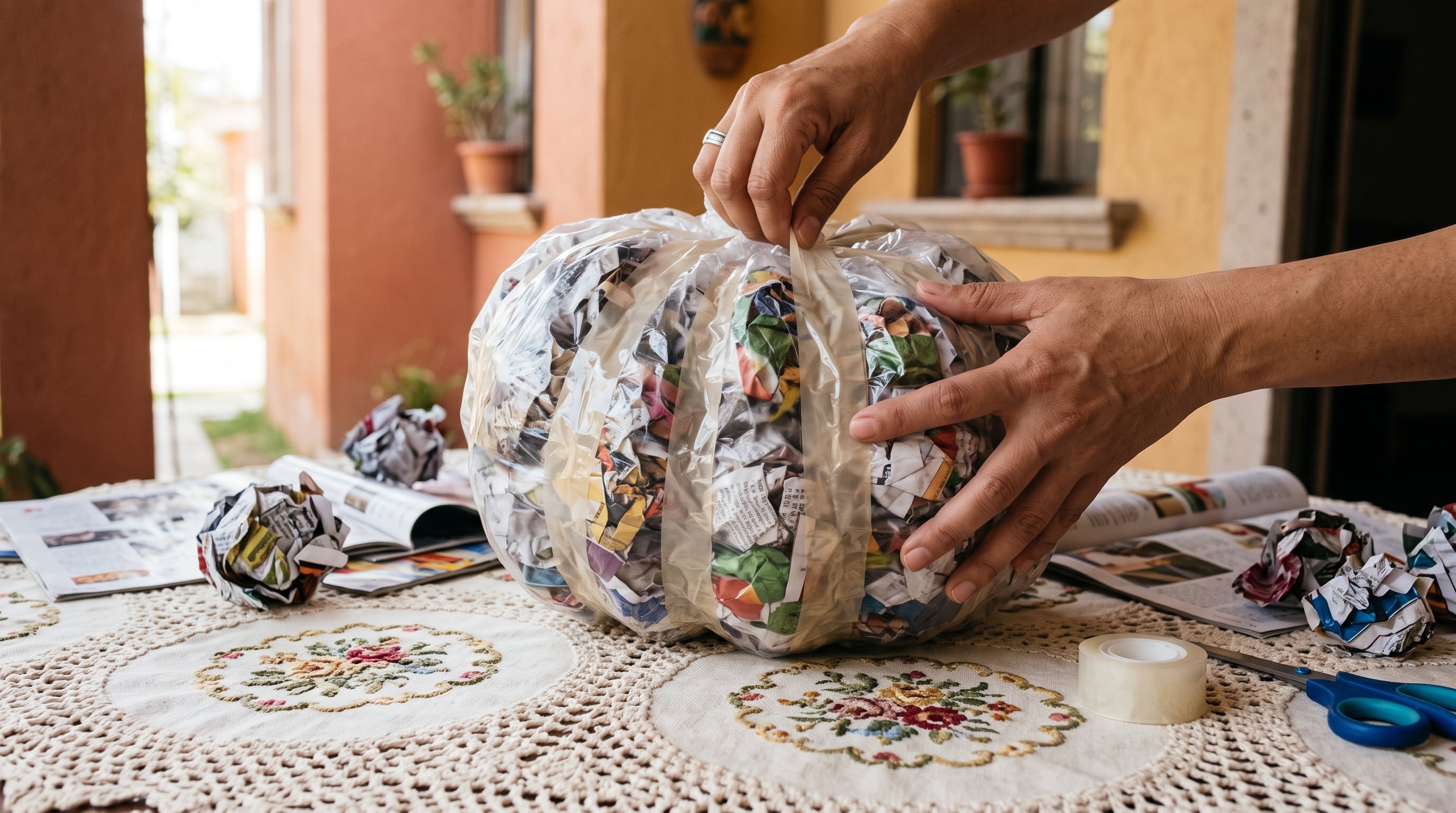 Las bolas de papel de revista dentro de la bolsa se moldean con cinta adhesiva para definir los gajos. (Imagen Ilustrativa Infobae)