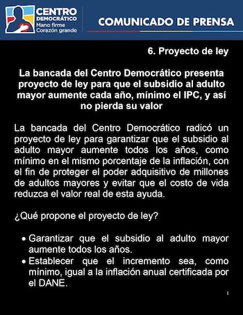 Álvaro Uribe compartió proyecto de ley para que el subsidio al adulto mayor - crédito @AlvaroUribeVel/X