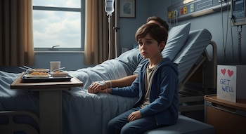 Un niño con expresión triste sentado junto a la cama de hospital de su padre, cuya mano tiene una vía intravenosa. Sostiene la mano de su padre.