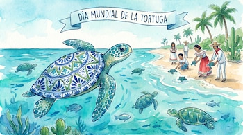 Ilustración acuarela: personas liberan tortugas bebés en una playa tropical. Grandes tortugas nadan en el mar azul. Palmeiras y cactus en la orilla, cielo claro.