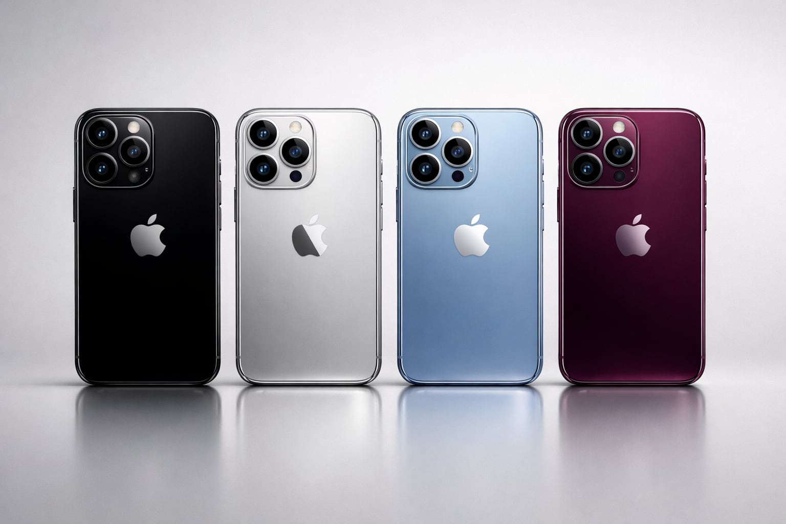 Una fotografía publicitaria muestra cuatro modelos del iPhone Pro en sus supuestos colores filtrados: negro profundo, plata, azul celeste y burdeos oscuro, resaltando su diseño metálico y el icónico logo de Apple. (Imagen Ilustrativa Infobae)