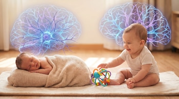 Un bebé duerme envuelto en una manta junto a un bebé sonriente jugando con un sonajero. Sobre ellos, dos siluetas cerebrales con neuronas iluminadas.