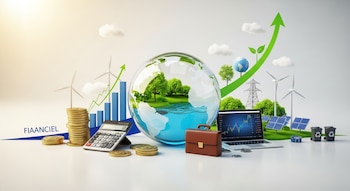 Imagen 3D mostrando el planeta Tierra rodeado de elementos financieros como monedas y un portátil, y elementos sostenibles como aerogeneradores y paneles solares.