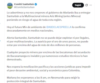 El Comité Santurbán aseguró que el Gobierno entrante de Abelardo de la Espriella entregará el páramo de Santurbán a la empresa Aris Mining - crédito @ComiteSanturban/X