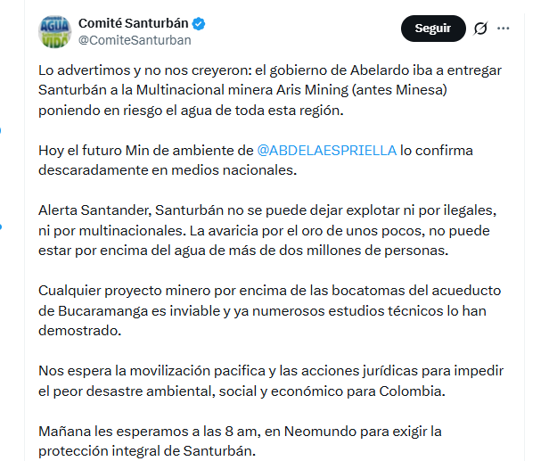 El Comité Santurbán aseguró que el Gobierno entrante de Abelardo de la Espriella entregará el páramo de Santurbán a la empresa Aris Mining - crédito @ComiteSanturban/X