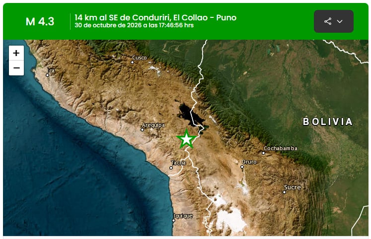 Un mapa sísmico ubica el epicentro de un movimiento telúrico de magnitud 4,3 a catorce kilómetros al sureste de Conduriri, en la región peruana de Puno. (IGP)
