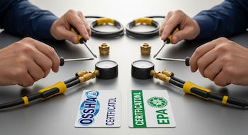Vista aérea de cuatro manos manipulando destornilladores y herramientas de HVAC/R junto a medidores, cables y tarjetas de certificación con logos de OSHA y EPA en una superficie gris.