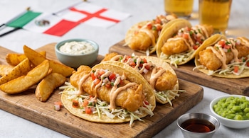 Plato con tacos de pescado frito, papas en gajo, salsas, y banderas de México e Inglaterra; dos vasos de cerveza y guisantes machacados.