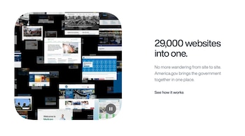Capturas de pantalla de sitios web gubernamentales junto a un texto en inglés que anuncia la unificación de 29.000 portales en America.gov