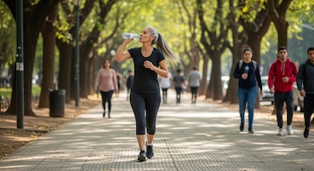 Una mujer de mediana edad con cabello canoso atado en cola, vestida de negro, bebe agua de una botella en un parque arbolado con gente caminando alrededor.