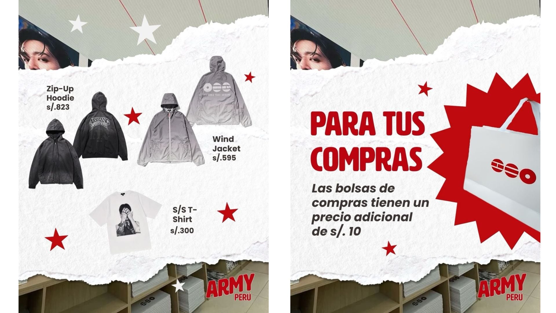 Una infografía detalla los precios de las prendas de vestir y las bolsas de compras en la tienda oficial de BTS en Perú. (Army Perú)