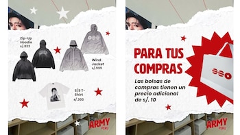 Un cartel promocional muestra chaquetas, camisetas y bolsas de compras con sus respectivos precios en soles