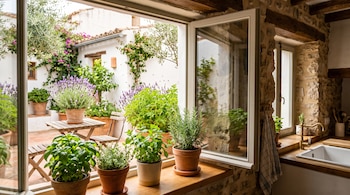 Macetas con plantas de albahaca, menta y romero en la ventana de una cocina de piedra, frente a un patio con lavanda y mesa de madera.
