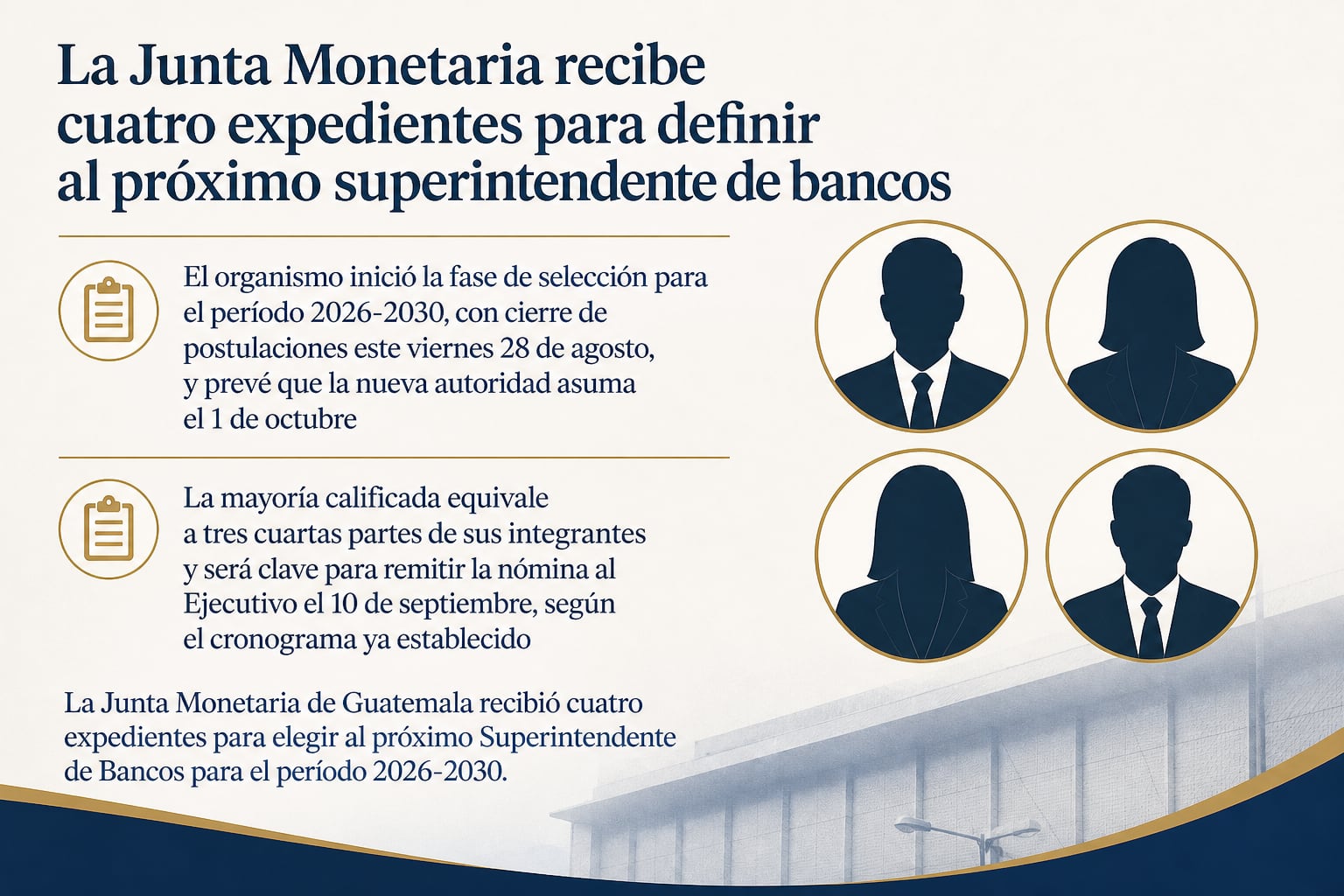 La Junta Monetaria de Guatemala analiza cuatro postulaciones para nombrar al nuevo superintendente de bancos para el periodo 2026-2030. (Imagen Ilustrativa Infobae)