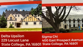 Dos fotografías de casas de fraternidades. Una casa Delta Upsilon de color claro con detalles en amarillo y otra casa Sigma Chi de piedra oscura con detalles en blanco