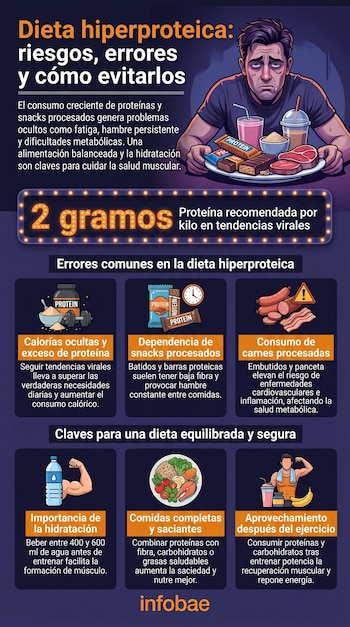 Infografía con ilustraciones de un hombre cansado y productos proteicos, detallando errores comunes y claves para una dieta hiperproteica saludable.