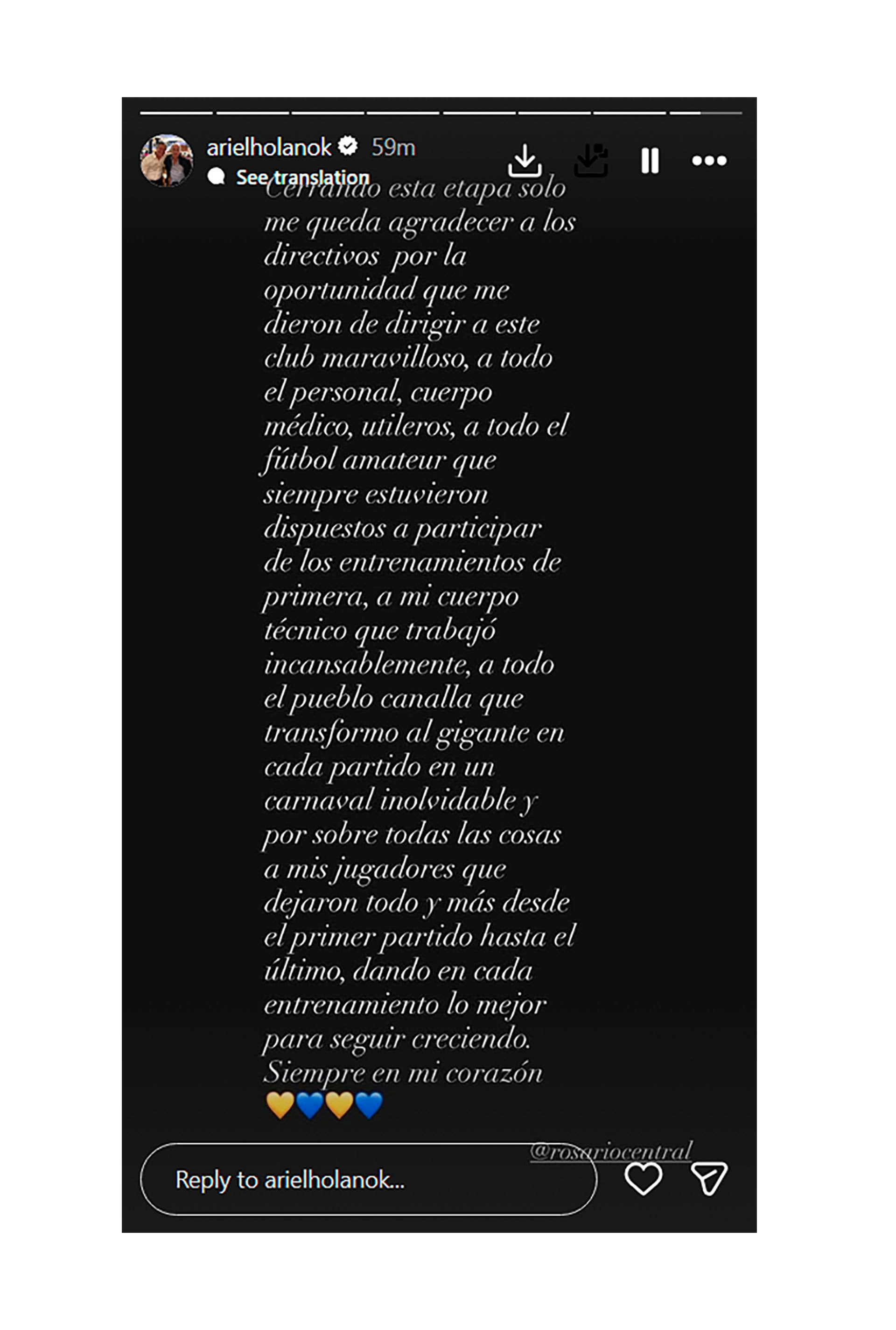 El mensaje que subió Holan a sus redes sociales