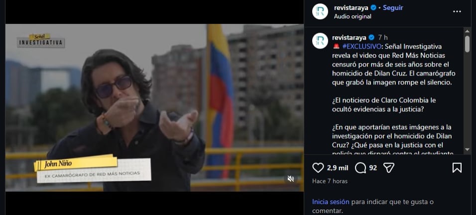 John Niño, camarógrafo de Red+ Noticias, afirmó que se le ordenó borrar el material audiovisual que mostraba el disparo contra Cruz durante la manifestación de 2019 - crédito revistaraya / Instagram