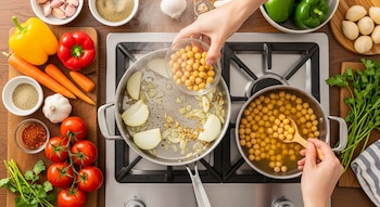 Vista cenital de una cocina con una persona cocinando sopa. Se ven dos ollas sobre la hornalla, verduras frescas, especias, garbanzos y una mano sirviendo.