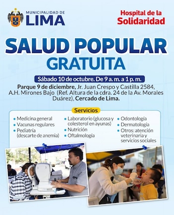 Las pruebas de glucosa y colesterol estarán disponibles en el área de laboratorio, pero los asistentes deberán acudir en ayunas - Créditos: Municipalidad de Lima.