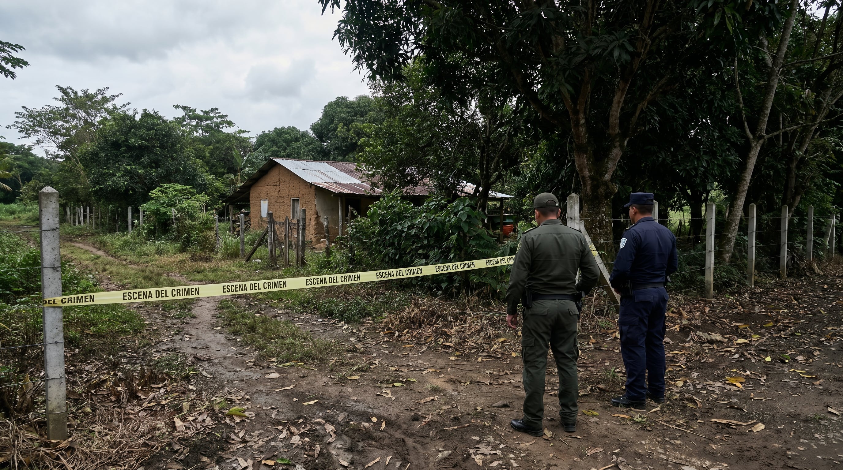 Dos agentes de policía uniformados custodian la entrada de una finca rural delimitada por cinta amarilla de 'escena del crimen', con una casa rústica y abundante vegetación en el fondo, bajo un cielo nublado. (Imagen Ilustrativa Infobae)