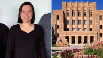 Composición de dos fotografías con una mujer con anteojos a la izquierda y un edificio de piedra con flores en el frente a la derecha
