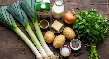 Ingredientes de cocina sobre mesa de madera oscura. Tres puerros, tres papas, cebolla, manteca, caldo, leche, sal, pimienta y perejil fresco visibles.