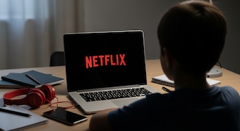 Un niño de espaldas observa una laptop con el logo rojo de Netflix en su pantalla negra, sobre un escritorio con auriculares rojos, cuadernos y un smartphone.