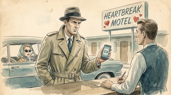 Ilustración en acuarela: hombre con gabardina y sombrero pagando con teléfono móvil a un recepcionista, mujer en auto detrás, cartel de motel.