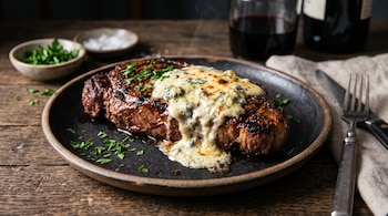 Un bife de carne cubierto con queso derretido y perejil en un plato oscuro, junto a cubiertos, un vaso de vino tinto y sal.