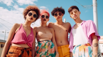 Jóvenes de la generación Z vistiendo ropas coloridas, celebrando la amistad y la diversión. Un retrato de la juventud contemporánea en un mundo lleno de colores. (Imagen ilustrativa Infobae)