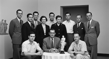 Once personas, nueve hombres y dos mujeres, posan en una foto en blanco y negro. Dos hombres sentados en primer plano, uno frente a una pequeña estatua. Estatuas clásicas visibles al fondo.