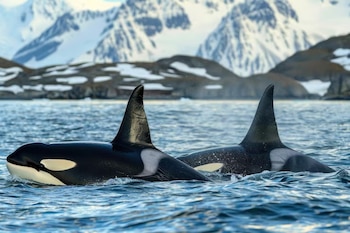 Dos orcas nadan en la superficie del mar frente a colinas y montañas nevadas