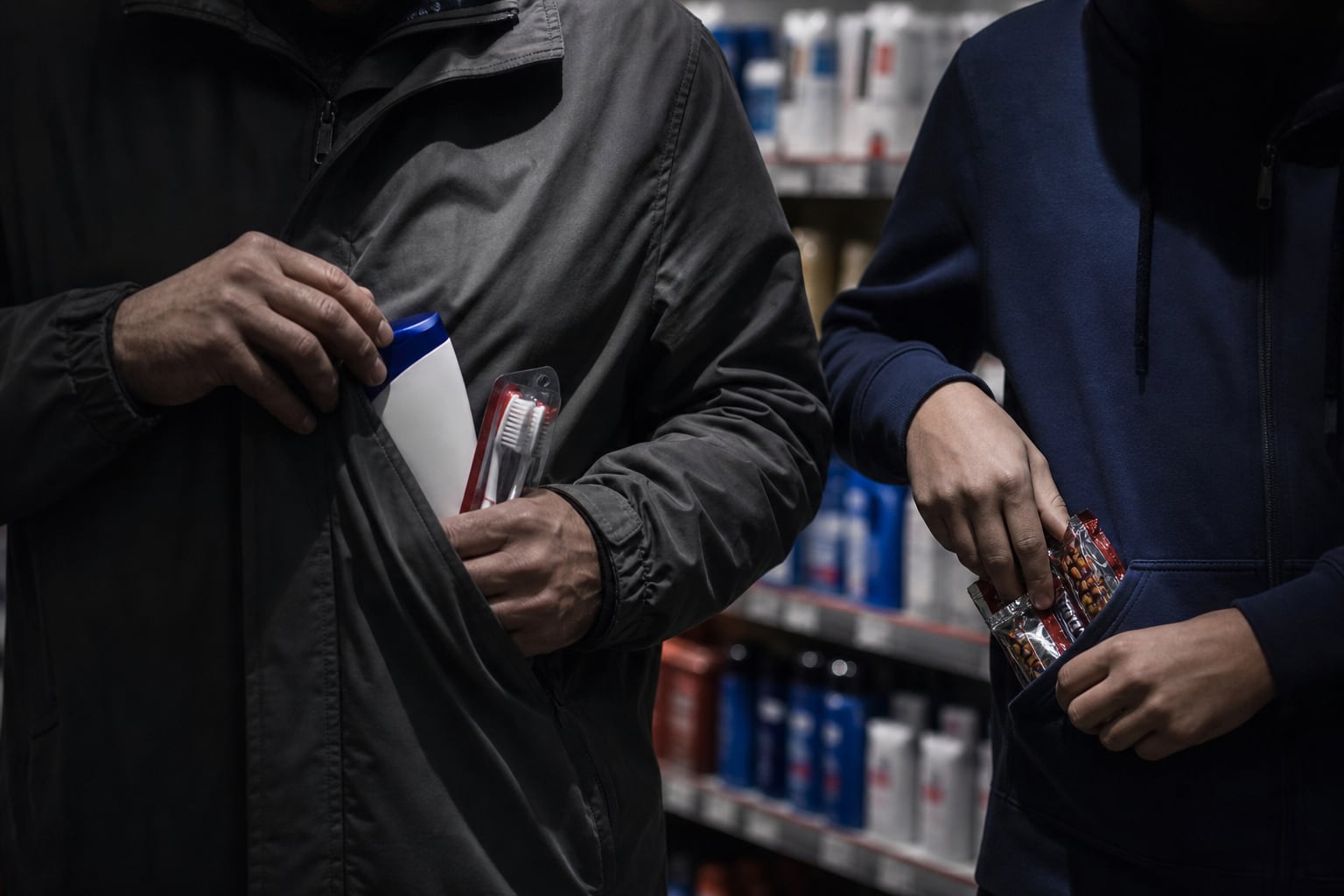 Dos personas guardan productos de higiene personal y alimentos dentro de los bolsillos de sus abrigos en un comercio. (Imagen Ilustrativa Infobae)
